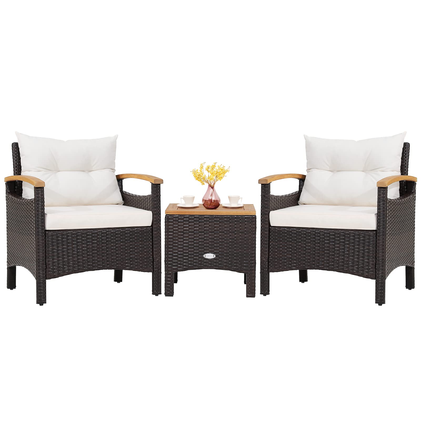 Ensemble de mobilier de patio 3 pièces Tangkula, ensemble de canapés de jardin en rotin Patiojoy avec table basse, ensemble de conversation de patio avec coussins amovibles